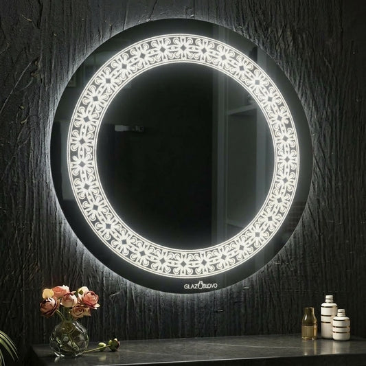 Round LED Mirror – Gold Decorative Frame | Touch Sensor & Dimmable