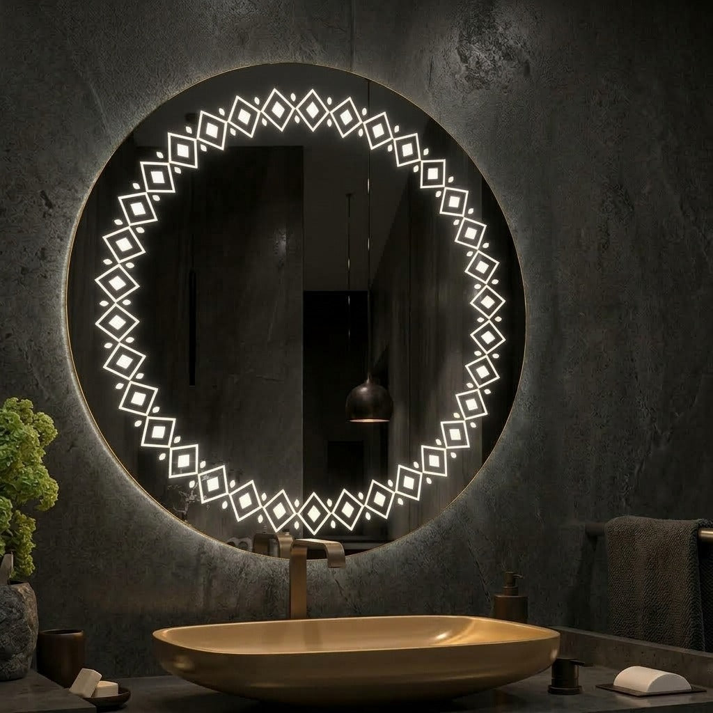 Round LED Mirror - Decorative Border | Touch Sensor & Dimmable