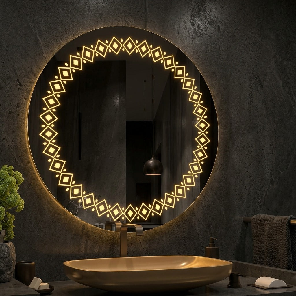 Round LED Mirror - Decorative Border | Touch Sensor & Dimmable