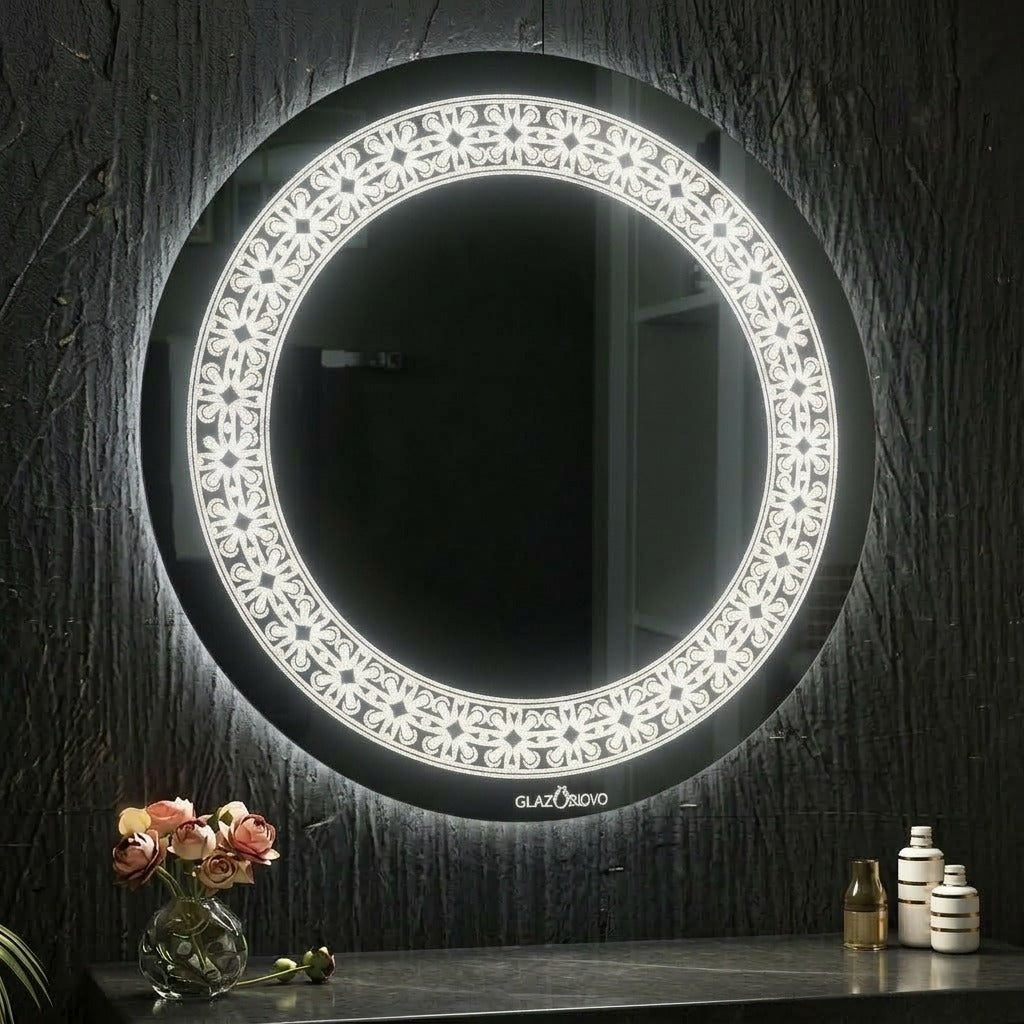 Round LED Mirror – Gold Decorative Frame | Touch Sensor & Dimmable