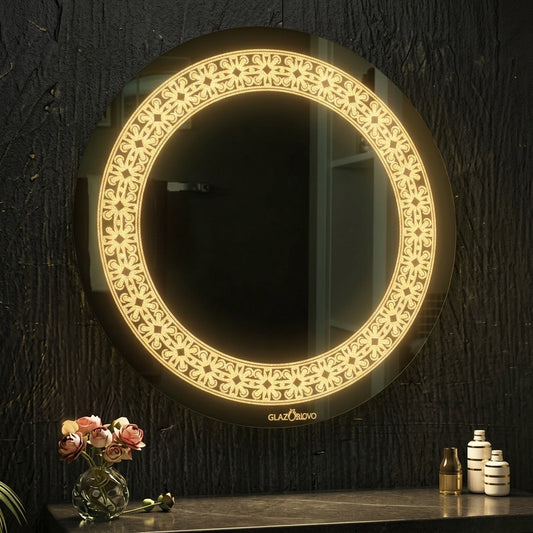 Round LED Mirror – Gold Decorative Frame | Touch Sensor & Dimmable