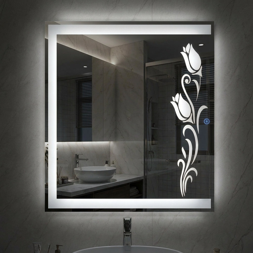 Premium Dimmable Double LED Square Mirror with Touch Sensor | Wall Mounted | Warm White & Gold Light