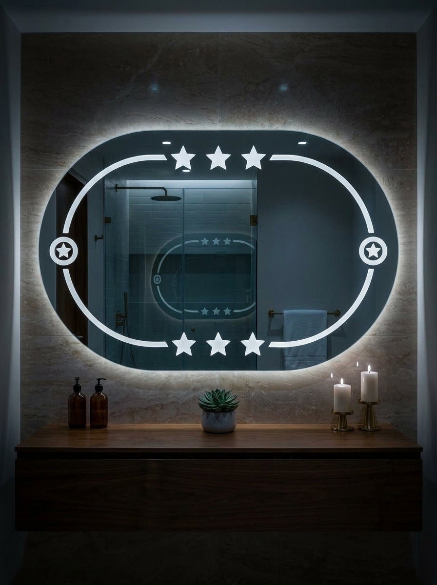 Luxury 2x3 Ft Dimmable Double LED Mirror with Touch Sensor | Capsule Shape Wall Mirror | Warm White & Gold Light Glow
