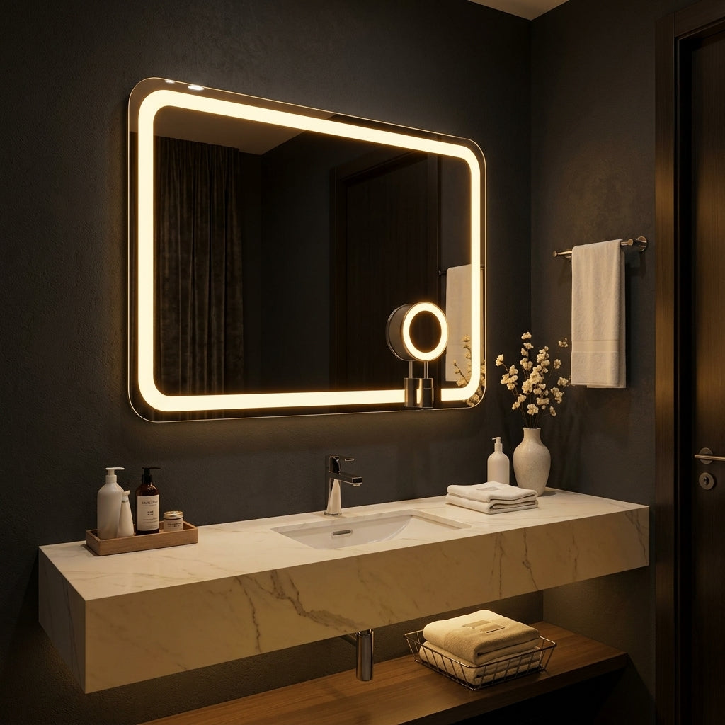 Elegant  Dimmable Double LED Square Mirror with Touch Sensor | Wall Mounted | Warm White & Gold Light Glow