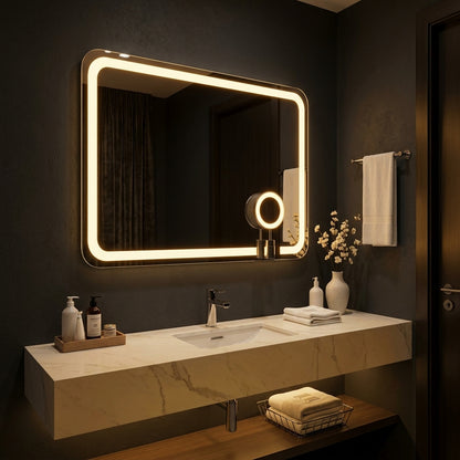 Elegant  Dimmable Double LED Square Mirror with Touch Sensor | Wall Mounted | Warm White & Gold Light Glow