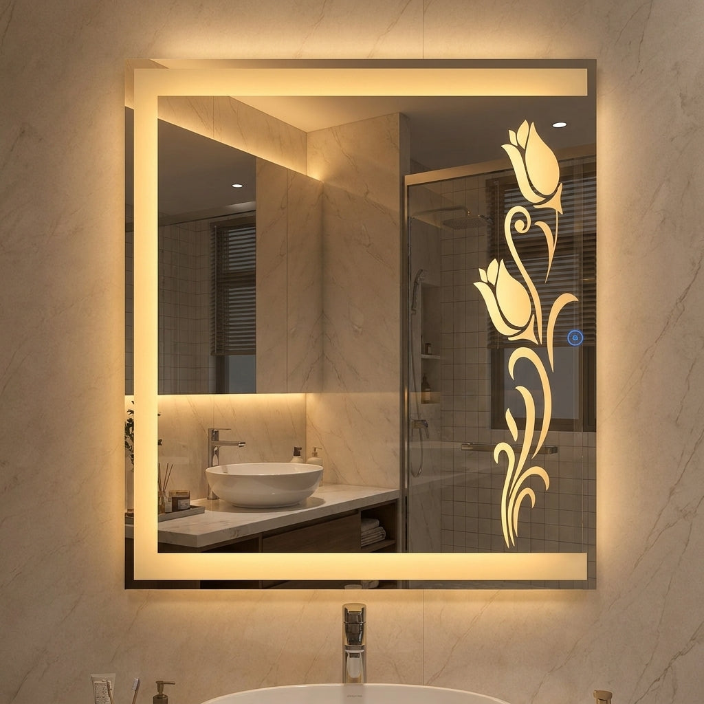 Premium Dimmable Double LED Square Mirror with Touch Sensor | Wall Mounted | Warm White & Gold Light