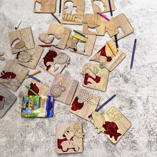 Kids Wooden Drawing Stencils /English/Urdu Alphabets Learning Puzzle Toys