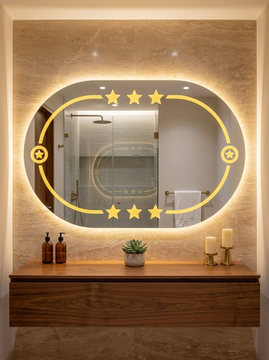 Luxury 2x3 Ft Dimmable Double LED Mirror with Touch Sensor | Capsule Shape Wall Mirror | Warm White & Gold Light Glow