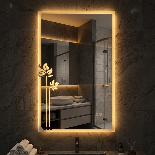 Luxury  Dimmable Double LED Square Mirror with Touch Sensor | Wall Mounted Mirror | Warm White & Gold Light Glow